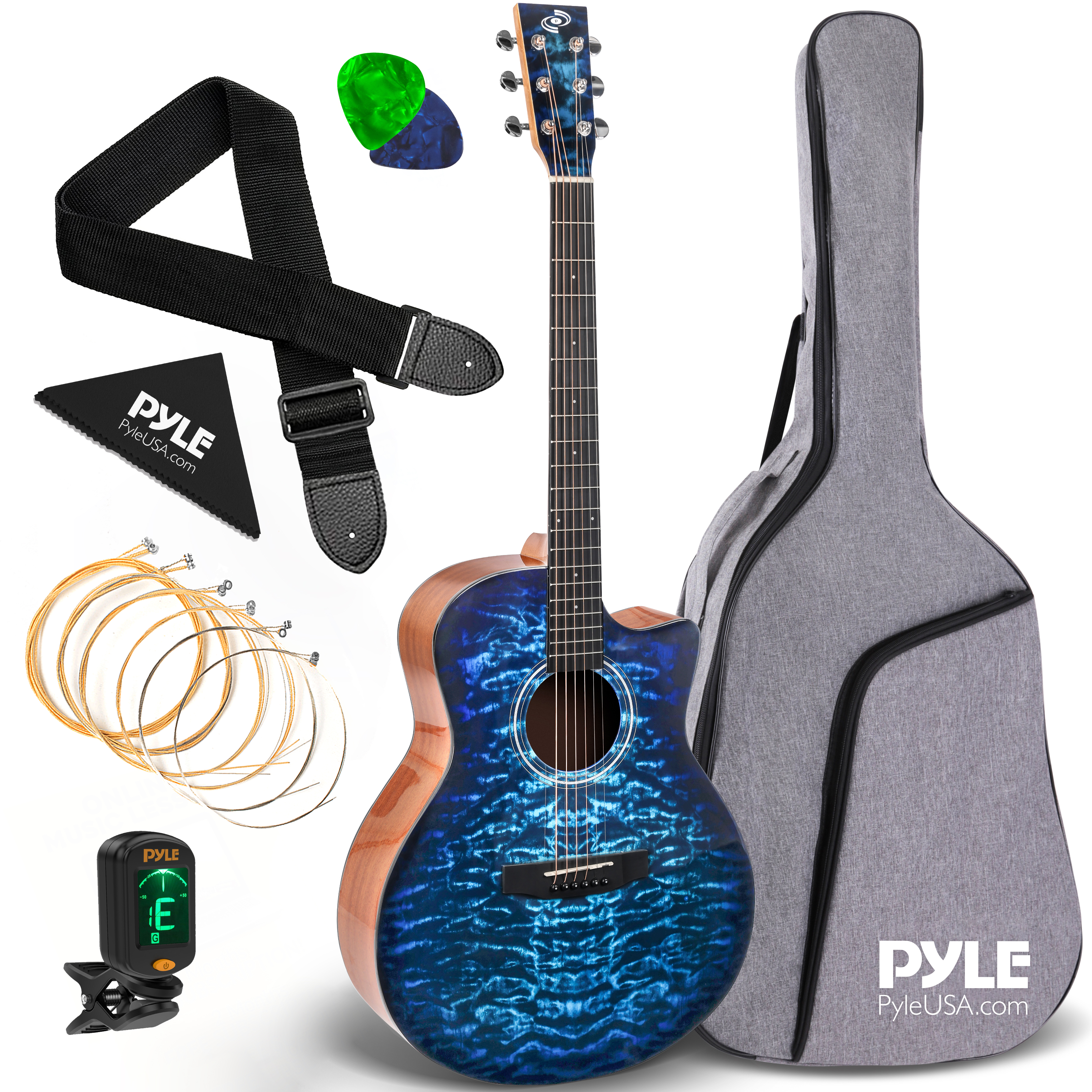 Akustikgitarre mit blauem Korpus, Gitarrentasche, Gurt, Plektren, Saiten und Stimmgerät.