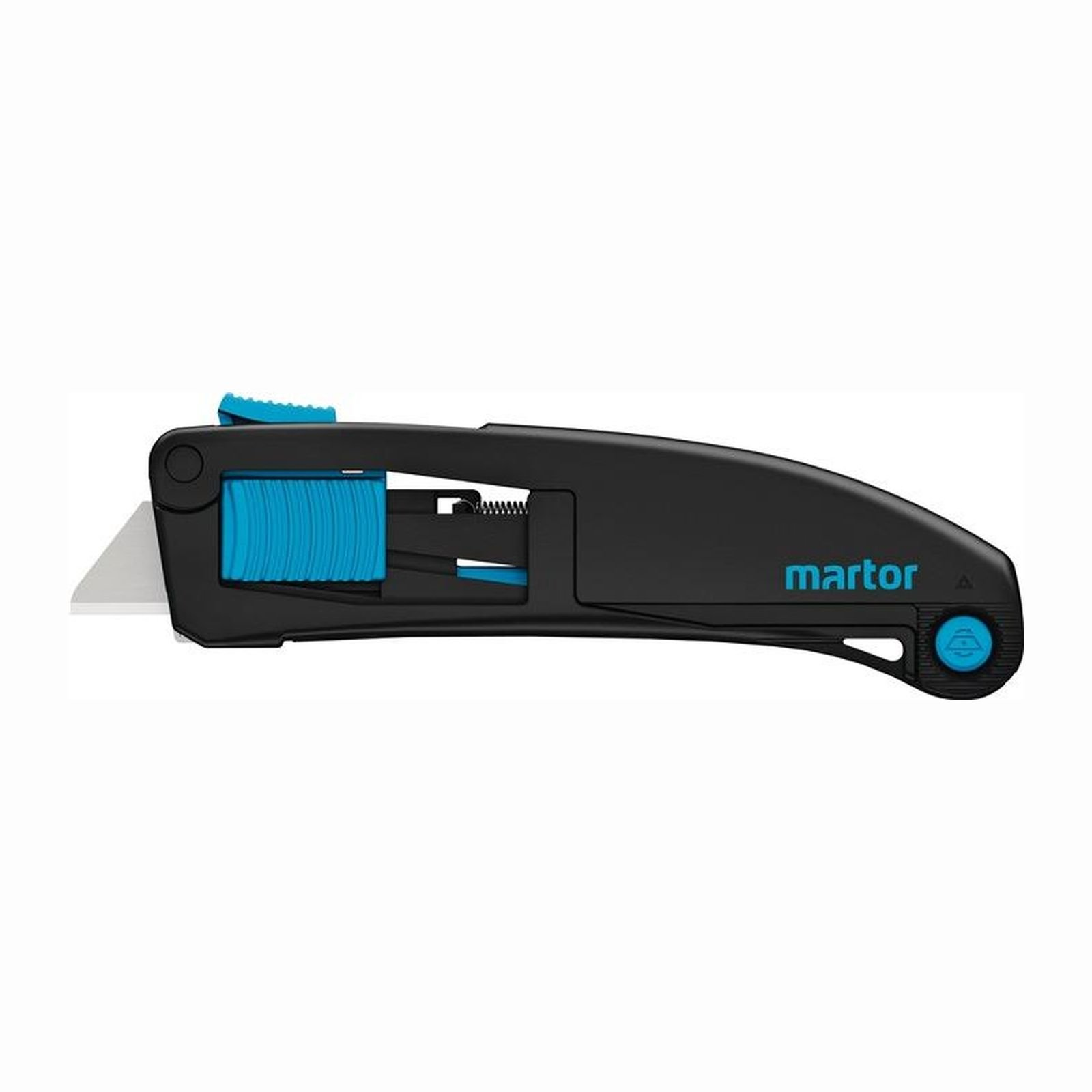 Cutter Martor nero con cursore e lama blu.