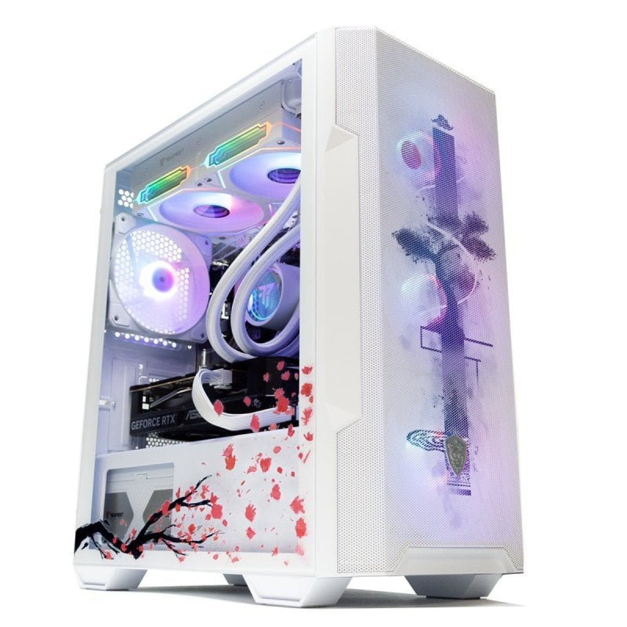 Un case PC bianco con ventole illuminate e design a fiori di ciliegio.