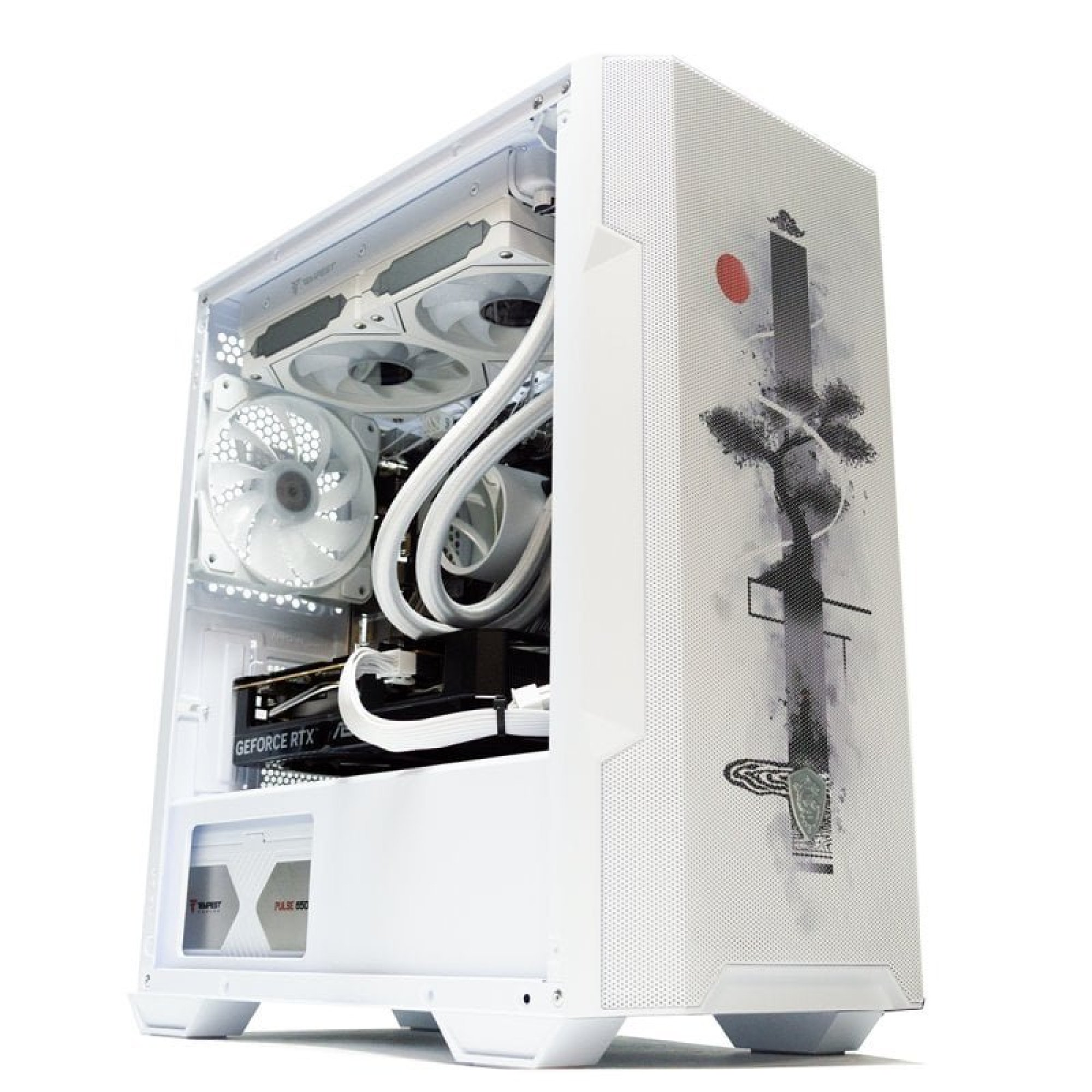 Un case PC bianco con decorazione artistica giapponese sul pannello frontale.