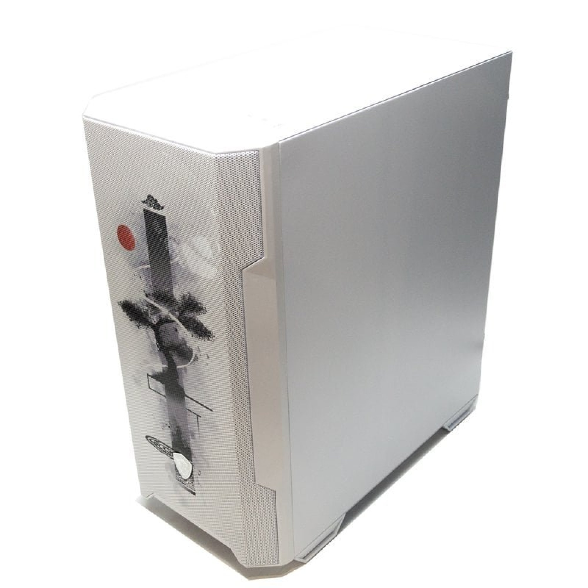 Un case per computer bianco con un design giapponese sul pannello frontale.