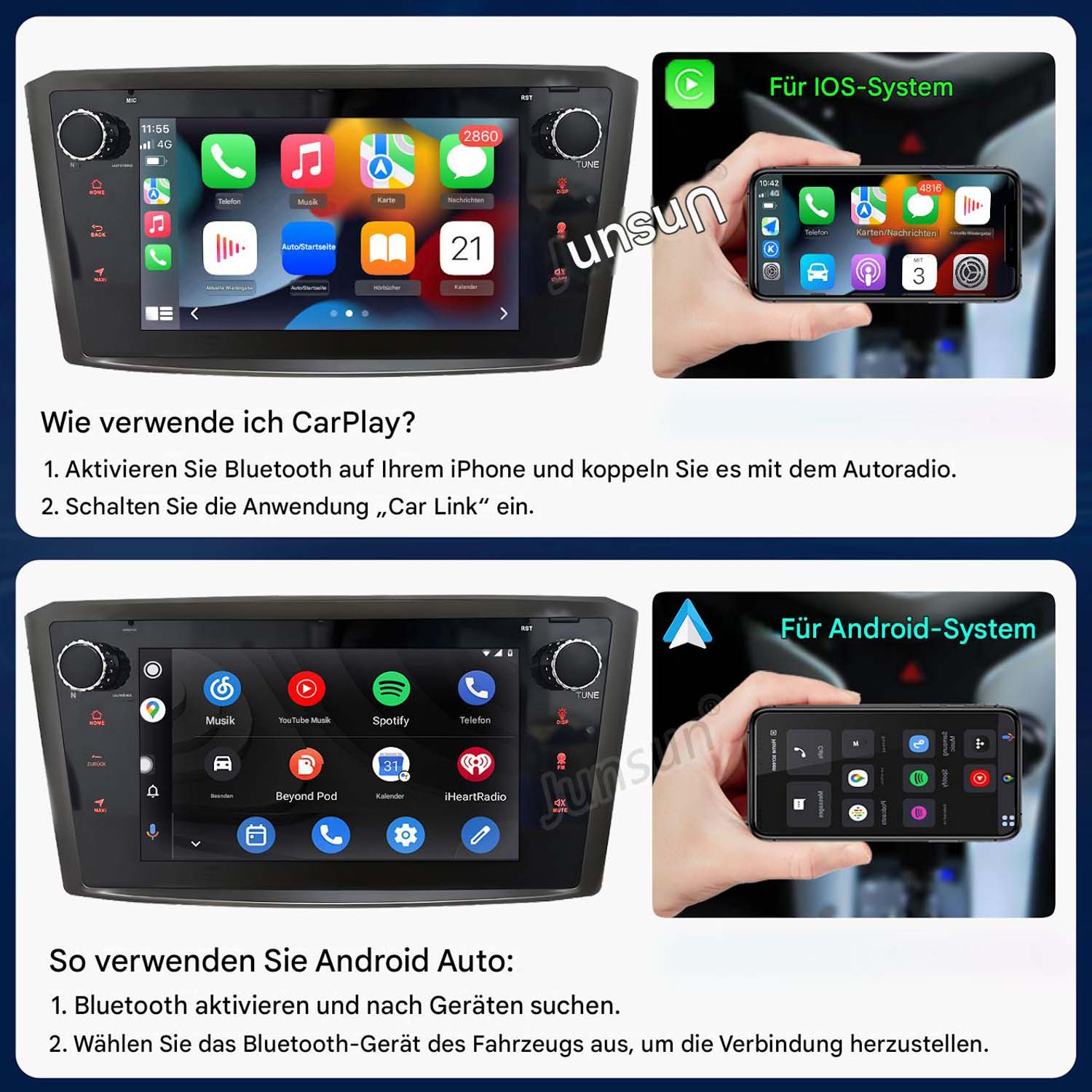 Vista schermo di CarPlay e Android Auto su autoradio e smartphone.