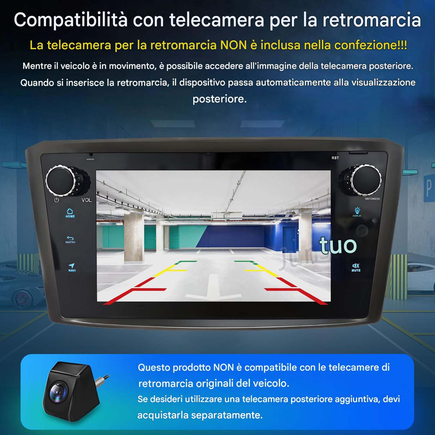 Un autoradio mostra la vista di un parcheggio da una telecamera posteriore.