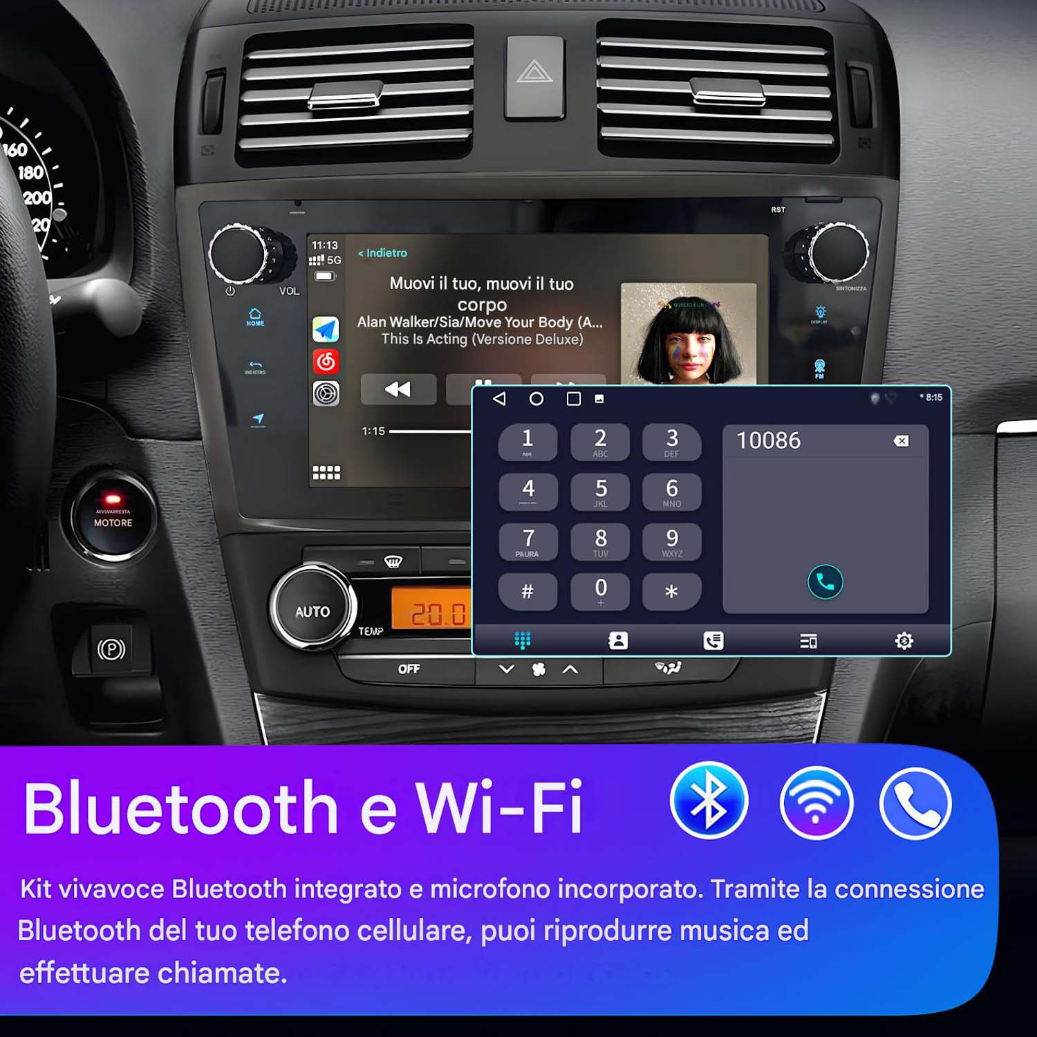 Vista interna di un sistema di infotainment per auto con riproduzione musicale e tastierino.