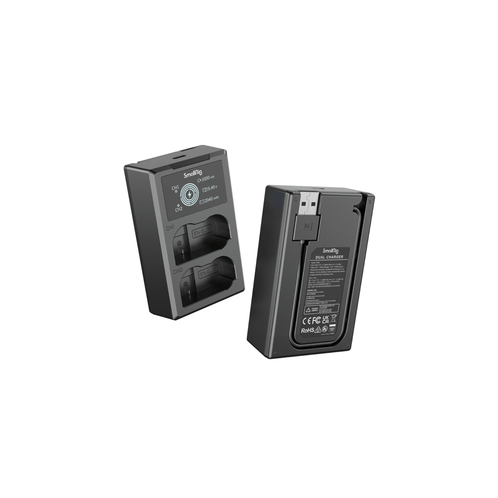 Zwei schwarze SmallRig Dual-Akkuladegeräte mit USB-Anschluss und Ladeanzeigen.
