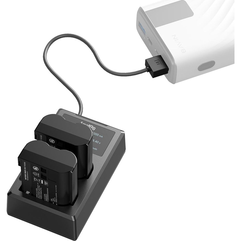 Schwarzes Dual-Akkuladegerät mit zwei eingesetzten Akkus, verbunden mit einer weißen Powerbank.