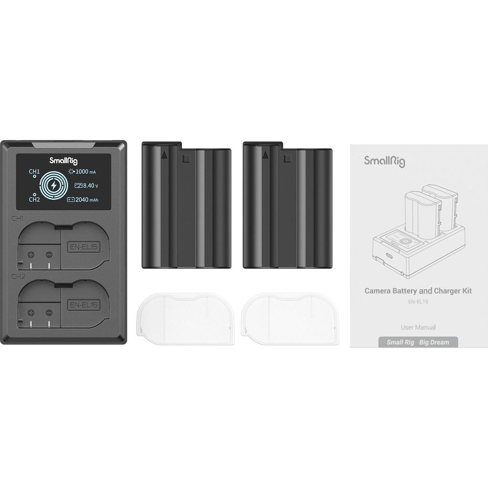 SmallRig Ladegerät mit zwei Akkus, zwei leeren Akku-Hüllen und Anleitung.