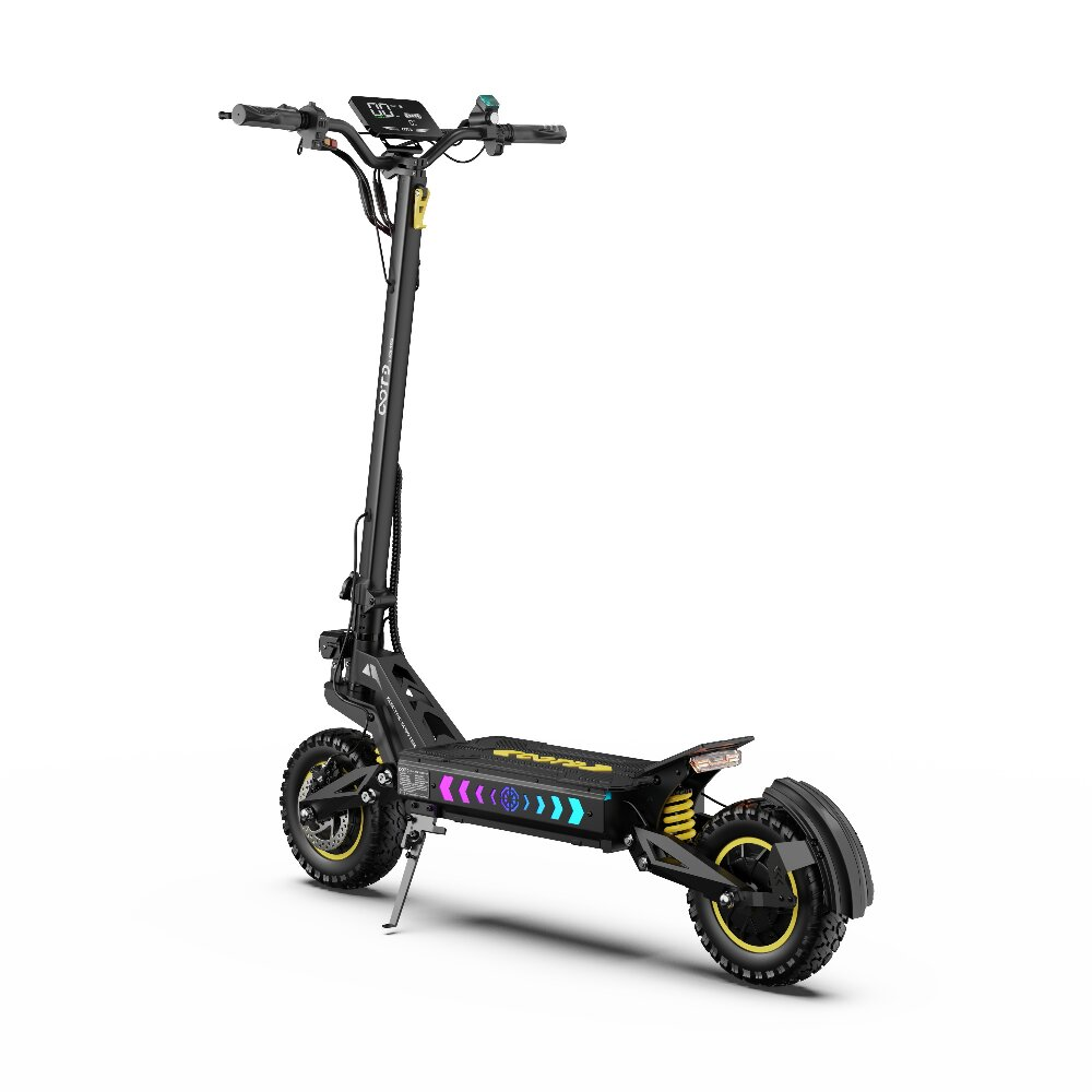 Monopattino elettrico nero con display, pneumatici larghi e accenti gialli.