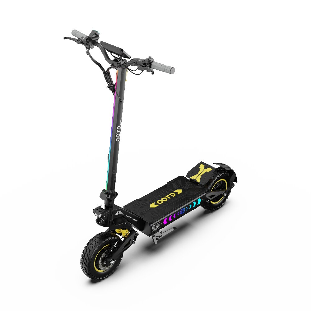 Monopattino elettrico nero con accenti gialli e luci LED colorate sul manubrio.