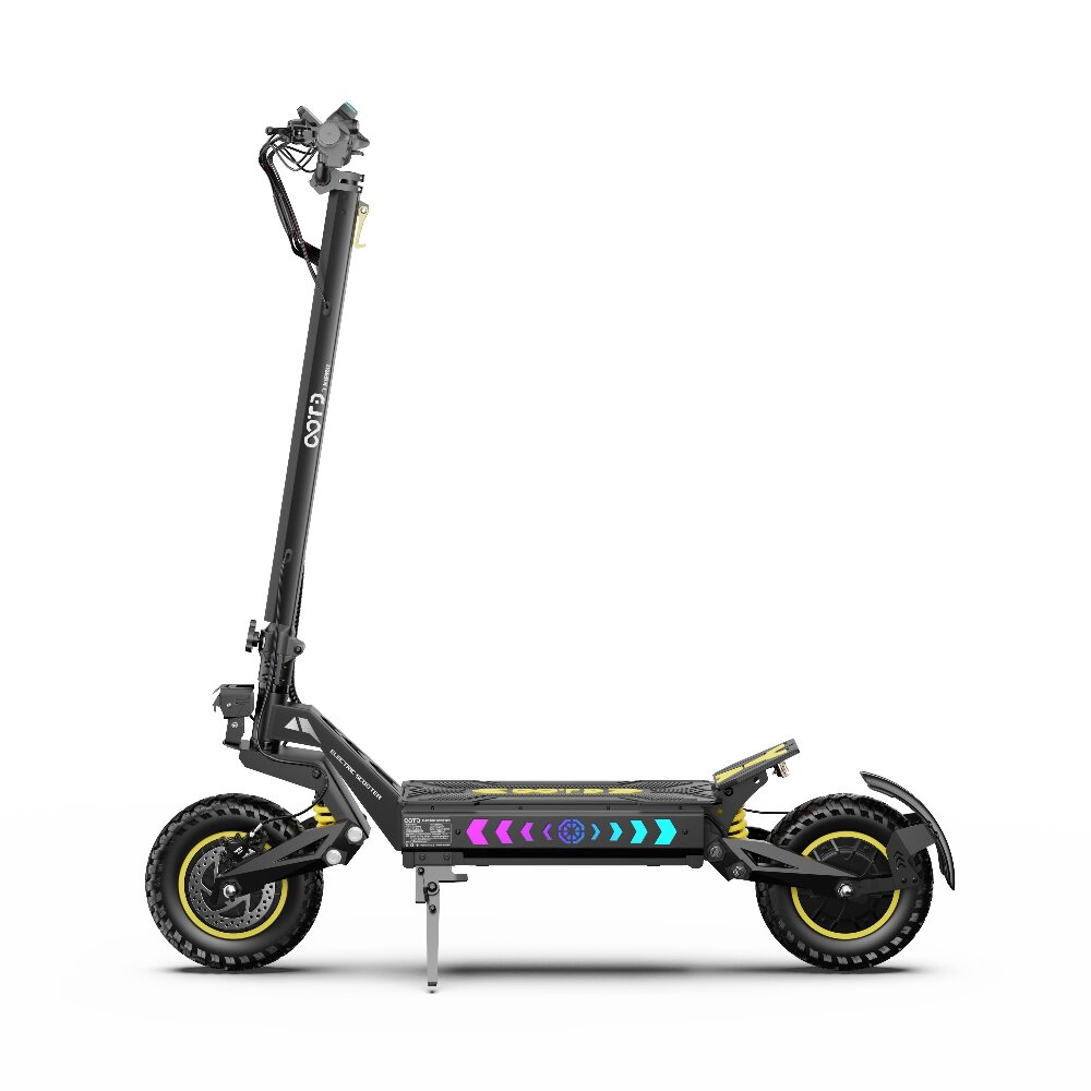 Monopattino elettrico nero con accenti gialli e illuminazione LED.