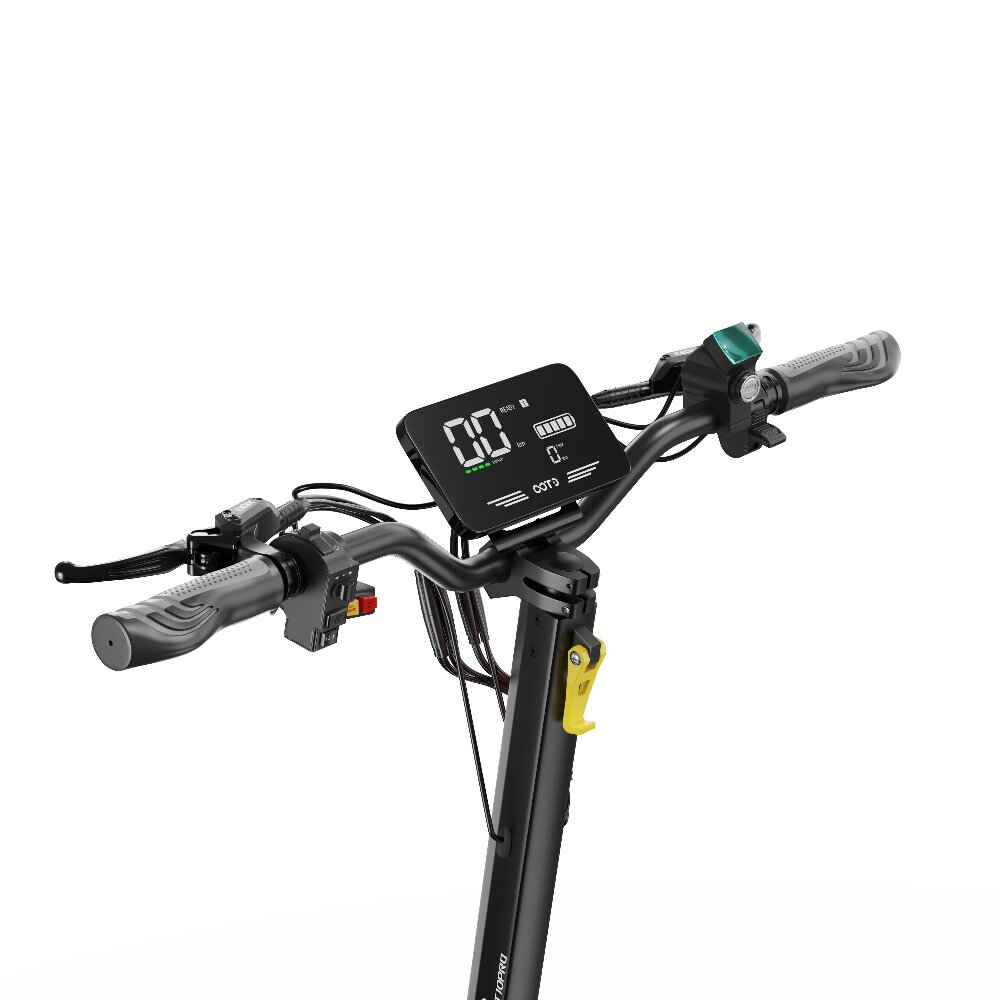 Vista frontale del manubrio di un monopattino elettrico nero con display digitale.
