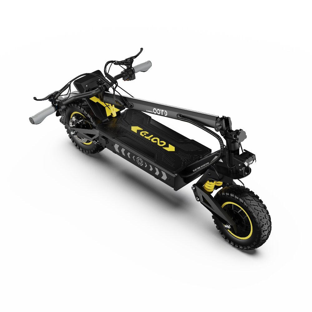 Monopattino elettrico nero con accenti gialli e pneumatici robusti.