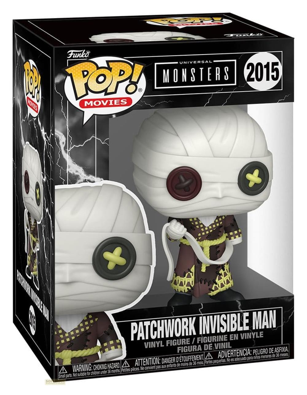 Figura de vinilo Funko Pop! Patchwork Invisible Man en caja con relámpagos.