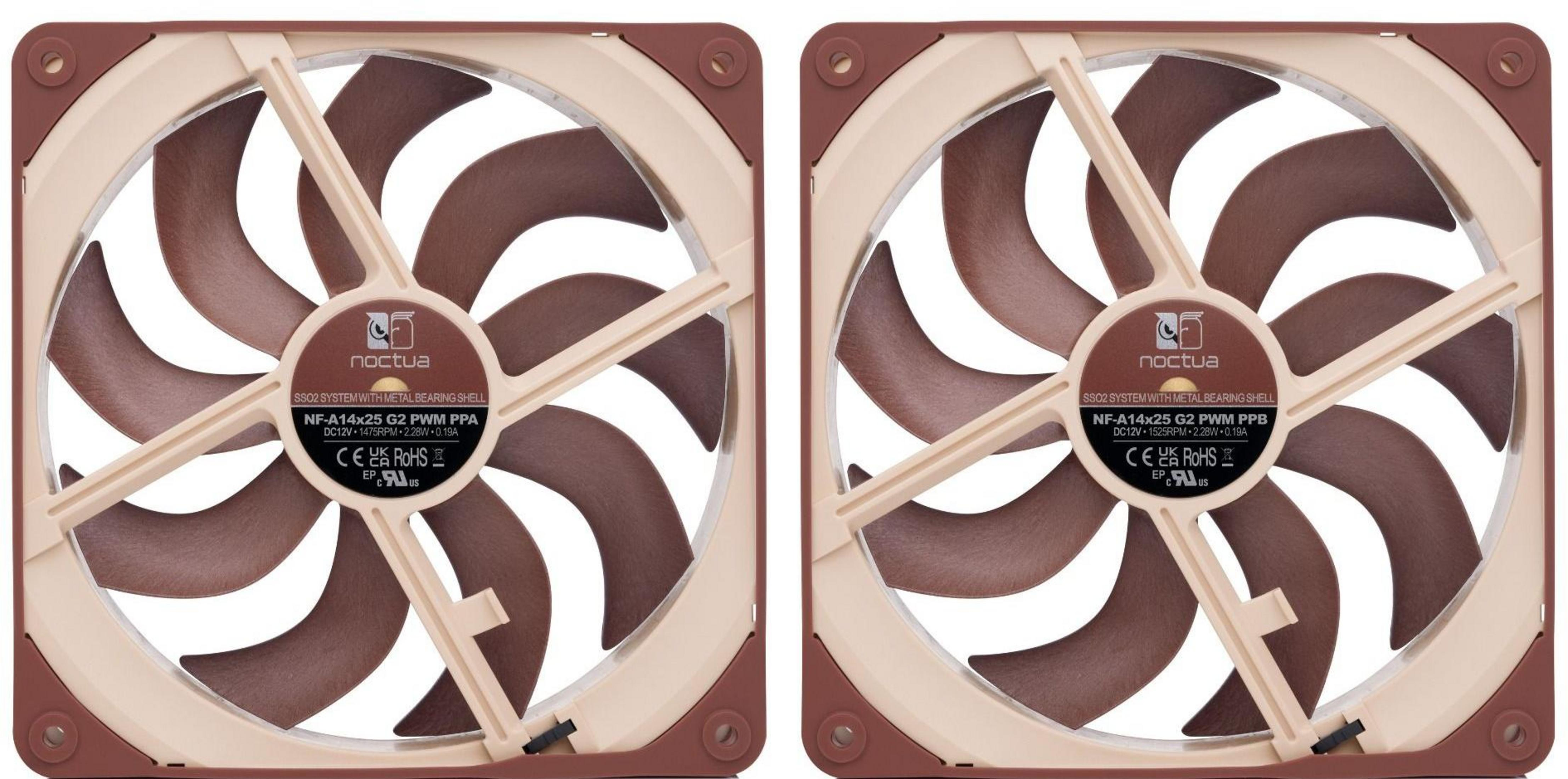 Zwei Noctua Lüfter mit braunen Rotorblättern und beigen Rahmen.