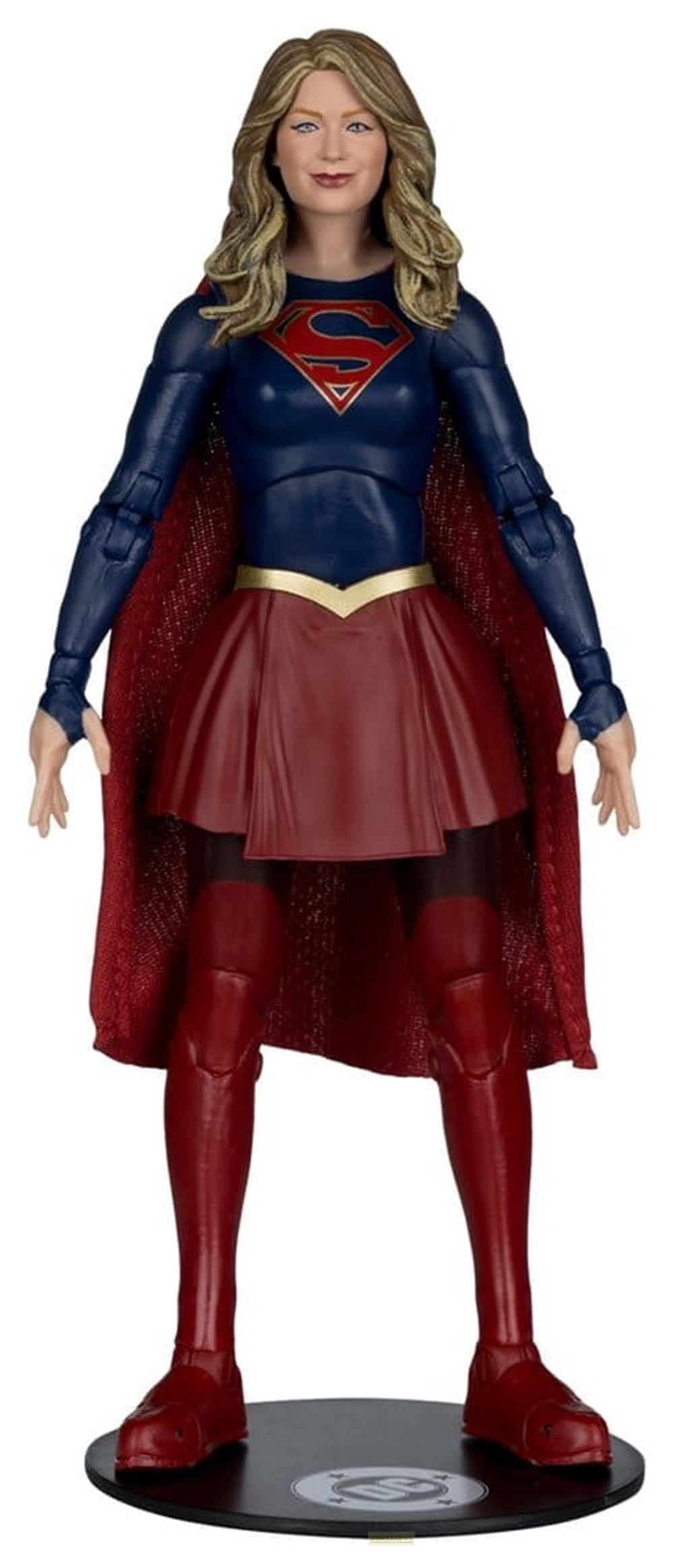 Supergirl-Figur mit blauem Oberteil, rotem Umhang, rotem Rock und Stiefeln.