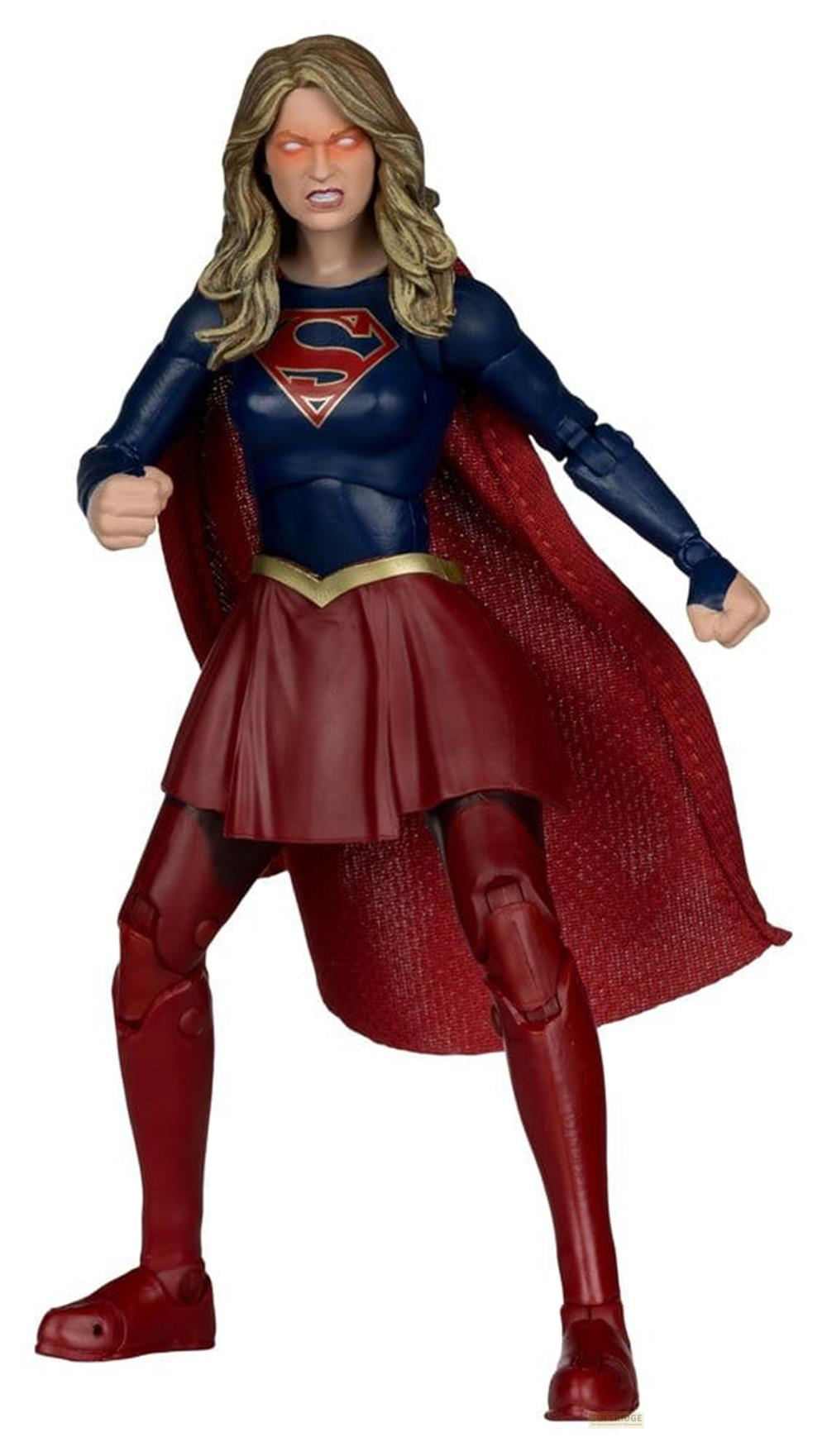Supergirl-Actionfigur mit blauen Oberteil, rotem Umhang, rotem Rock und roten Stiefeln.