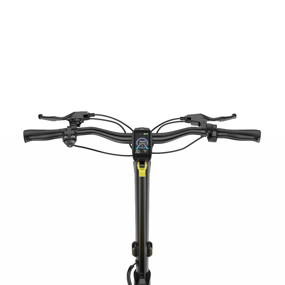 Manubrio di un monopattino elettrico nero con display digitale, leve freno e manopole.