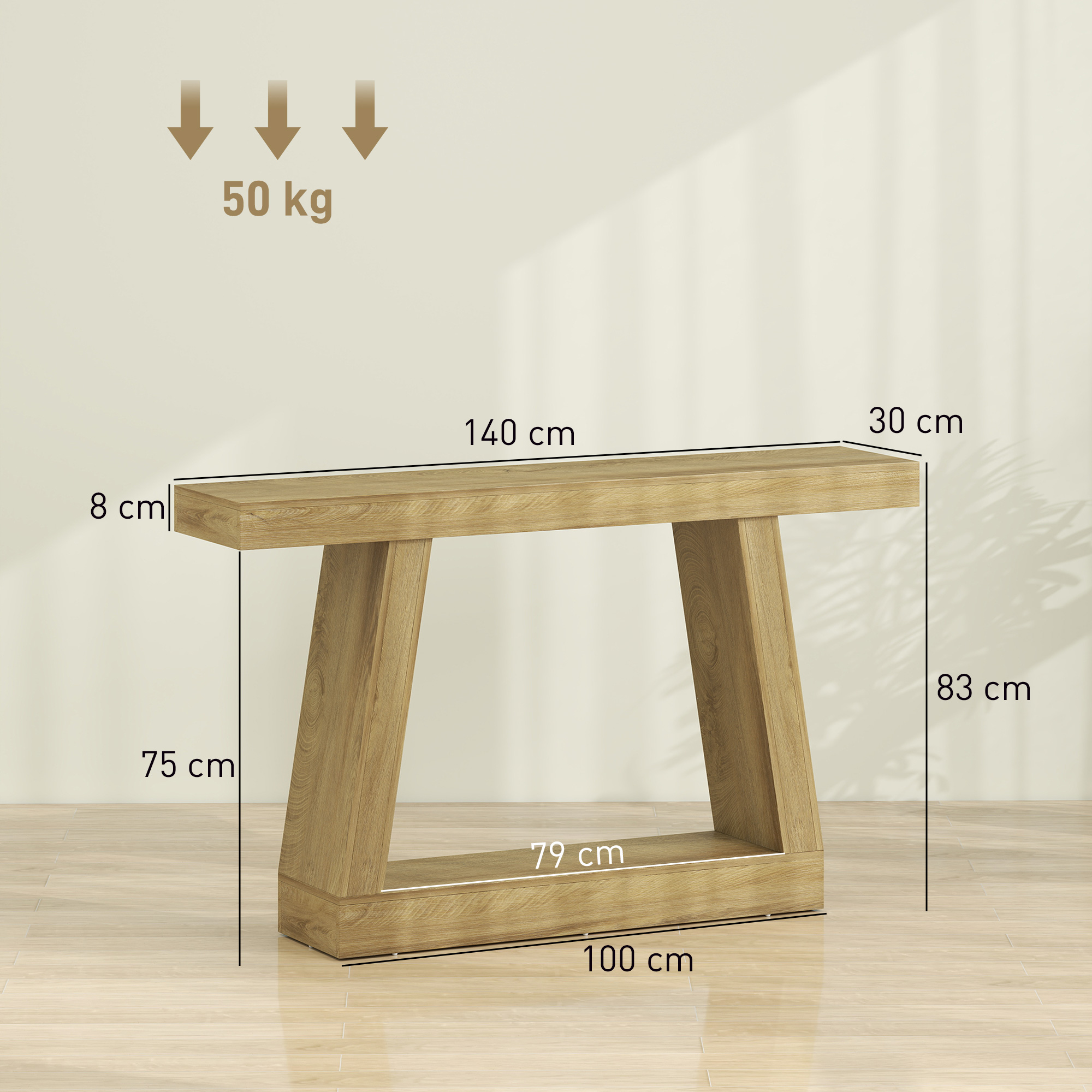 Un tavolo consolle in legno, dimensioni 140x30x83 cm, carico 50 kg.