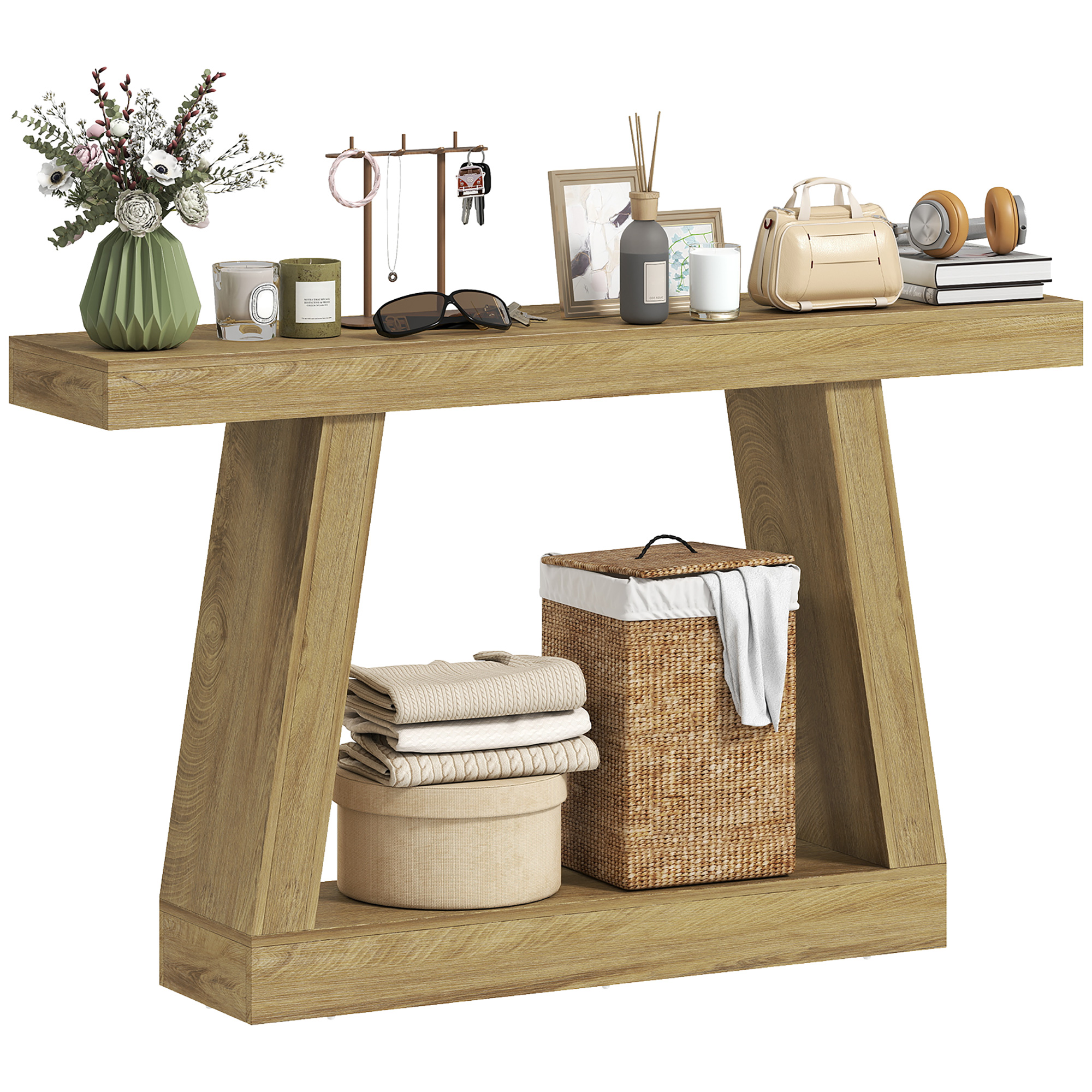 Consolle in legno con fiori, candele, gioielli, borsa, cuffie e cesto per biancheria.