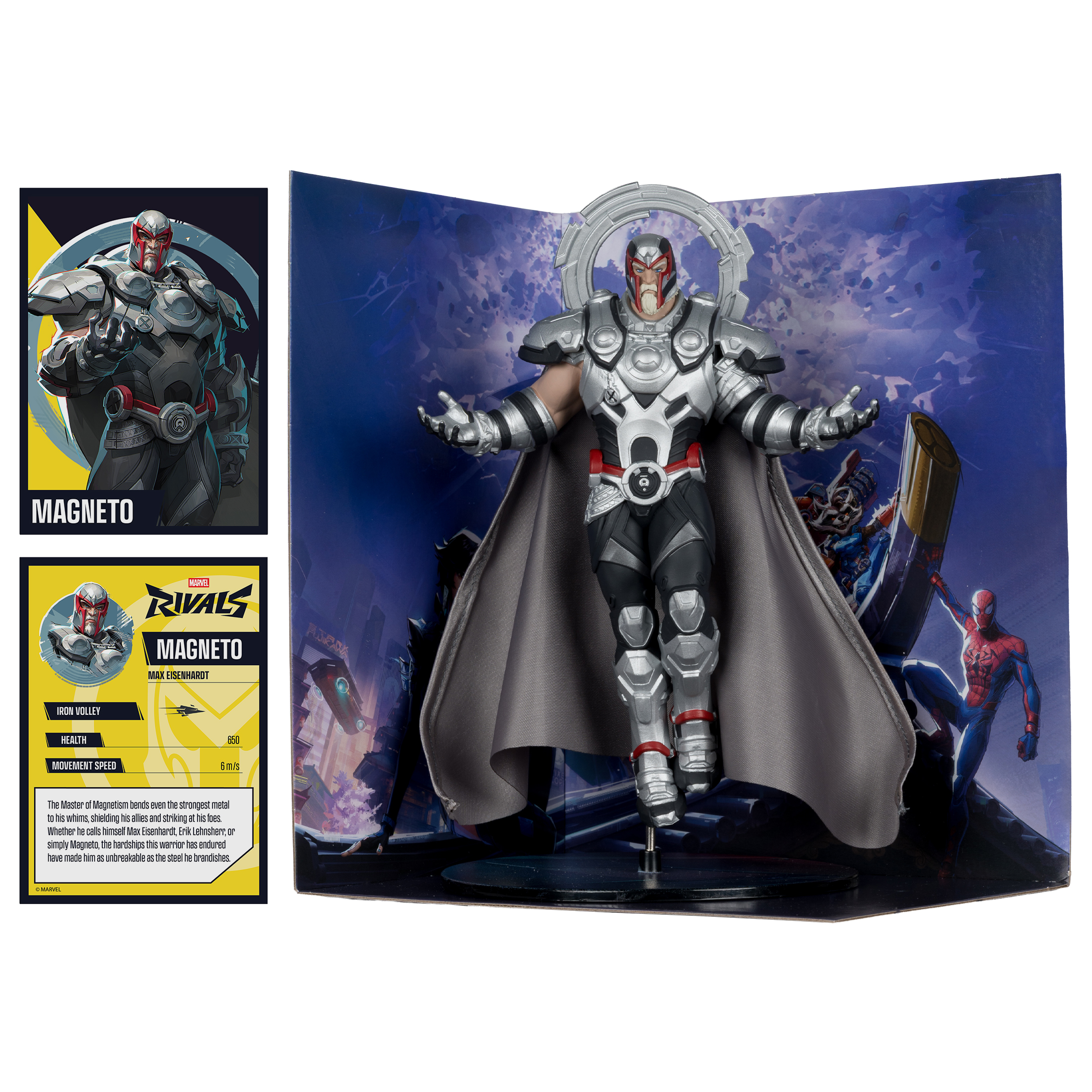 Magneto-Figur mit Umhang und Hintergrundgrafik mit Spider-Man.