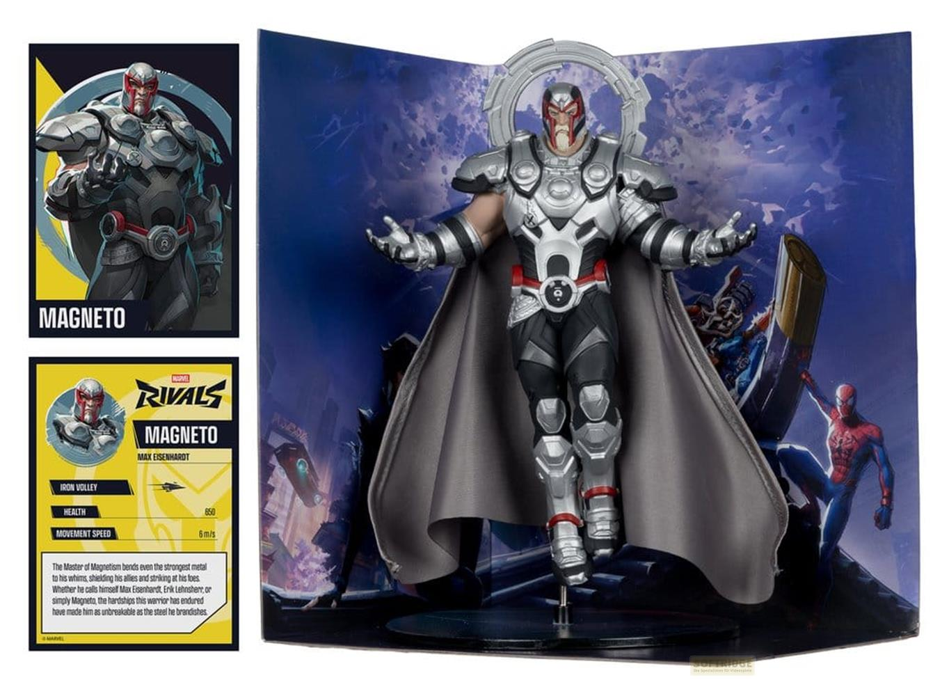 Magneto-Figur in Rüstung mit Umhang; daneben ein Info-Display mit Comic-Panel.