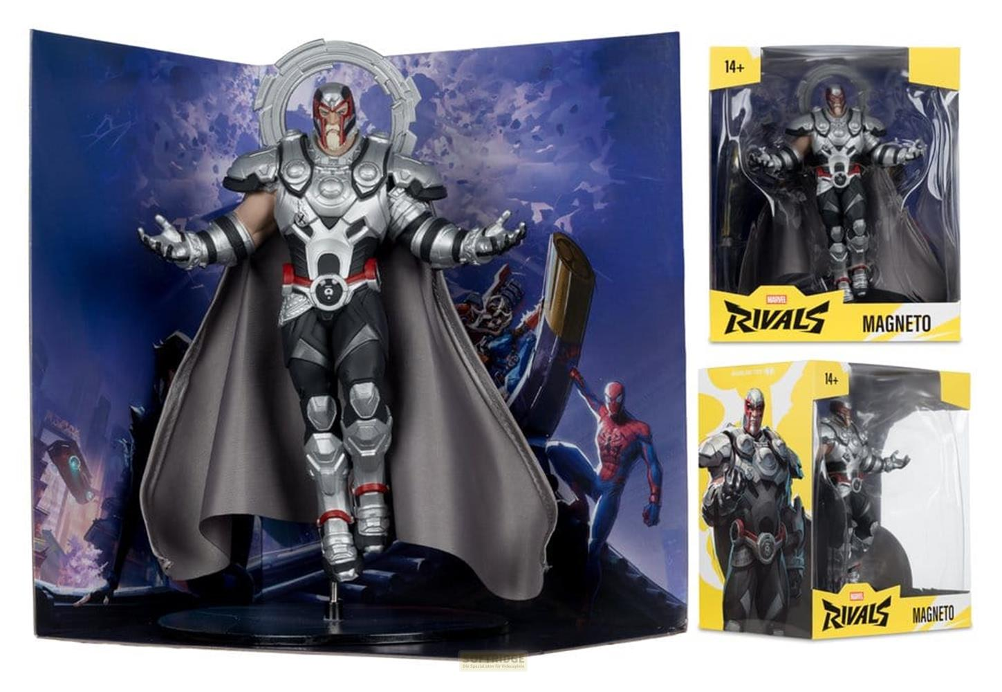 Magneto-Figur mit Spiderman in Verpackung und Display. Silberne Rüstung, roter Helm.