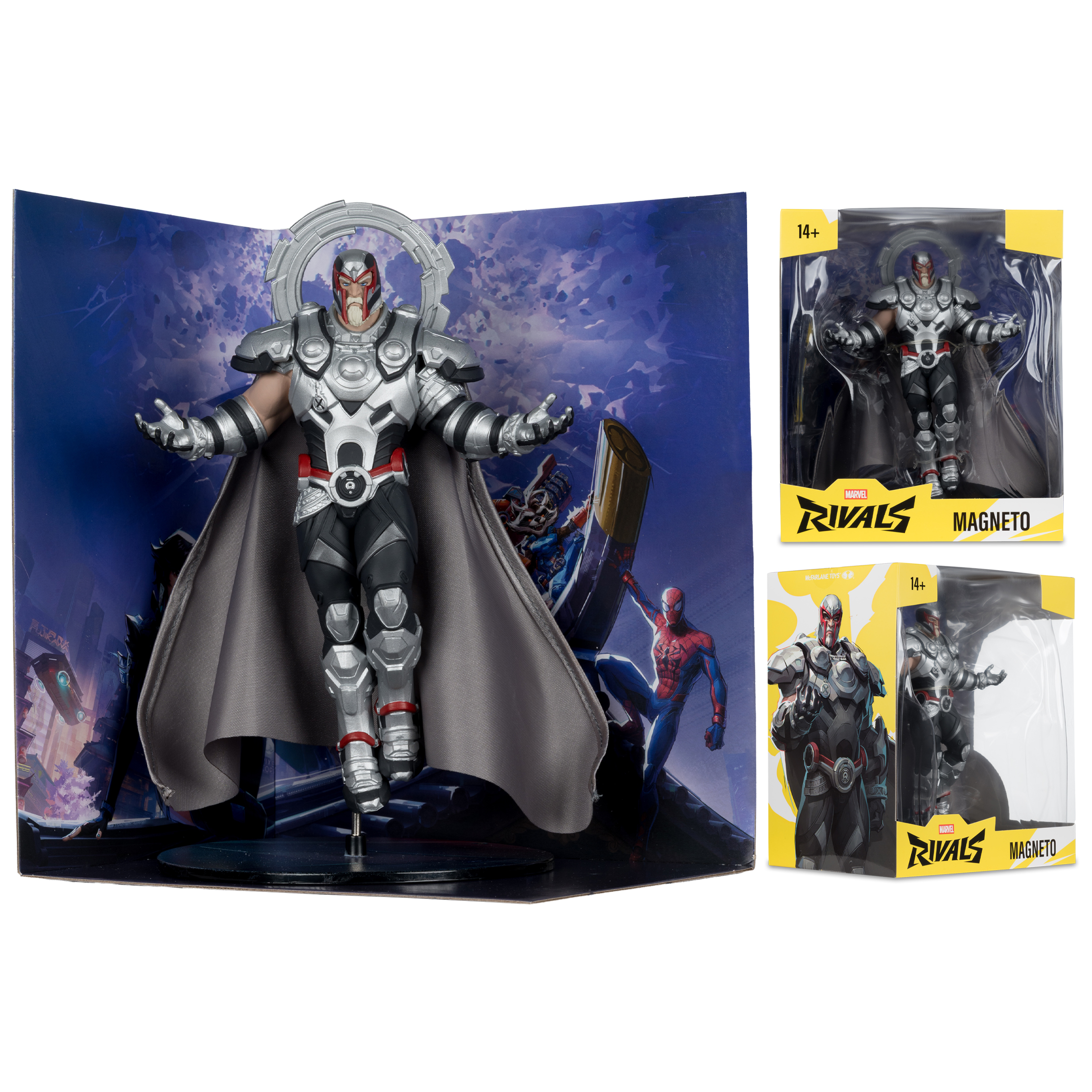 Magneto-Actionfigur im silbernen Anzug mit grauem Umhang, neben verpackten Figuren.
