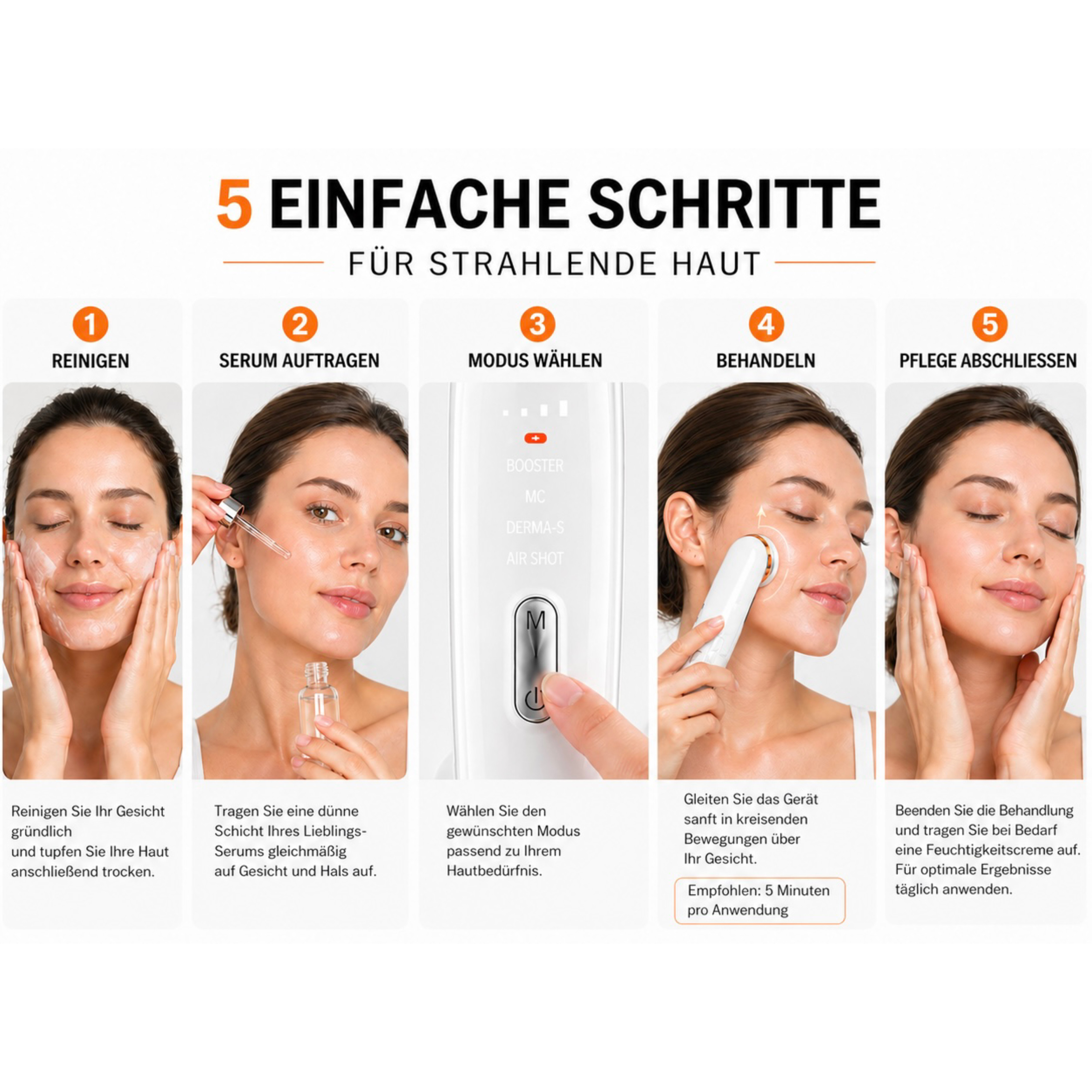 5 Schritte zur strahlenden Haut: Reinigen, Serum auftragen, Modus wählen, behandeln, Pflege abschließen.