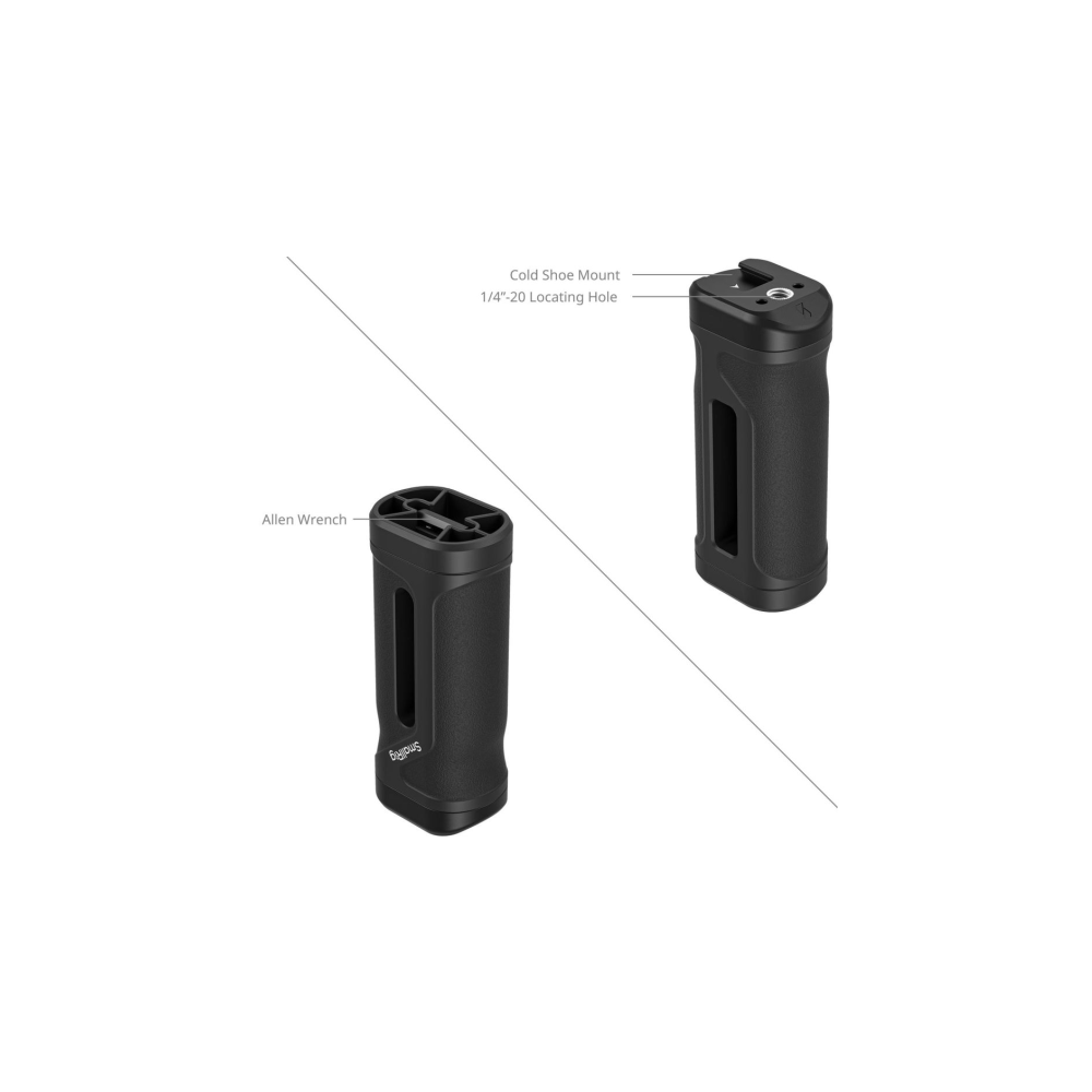 Due impugnature nere per fotocamera. Una mostra attacco slitta e foro 1/4"-20.