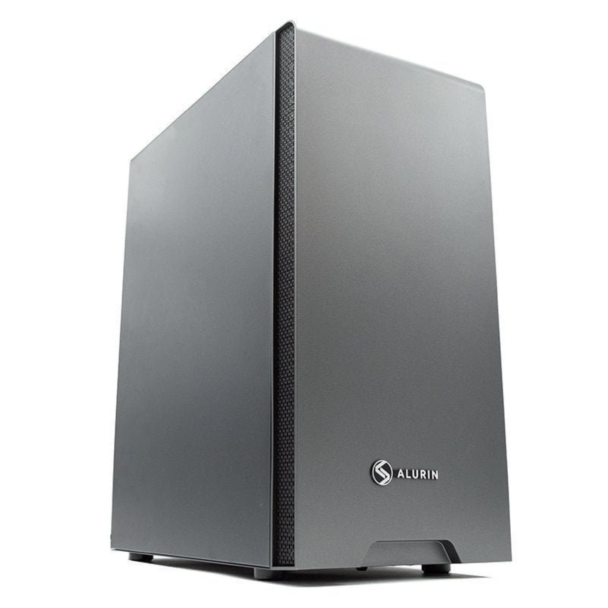 Case PC grigio con logo argento e ventilazione frontale nera. Isolato su bianco.