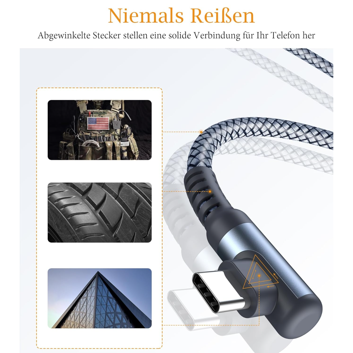 Ein USB-C-Kabel mit Winkelstecker, daneben Bilder von Militärausrüstung, Reifen und Gebäude.