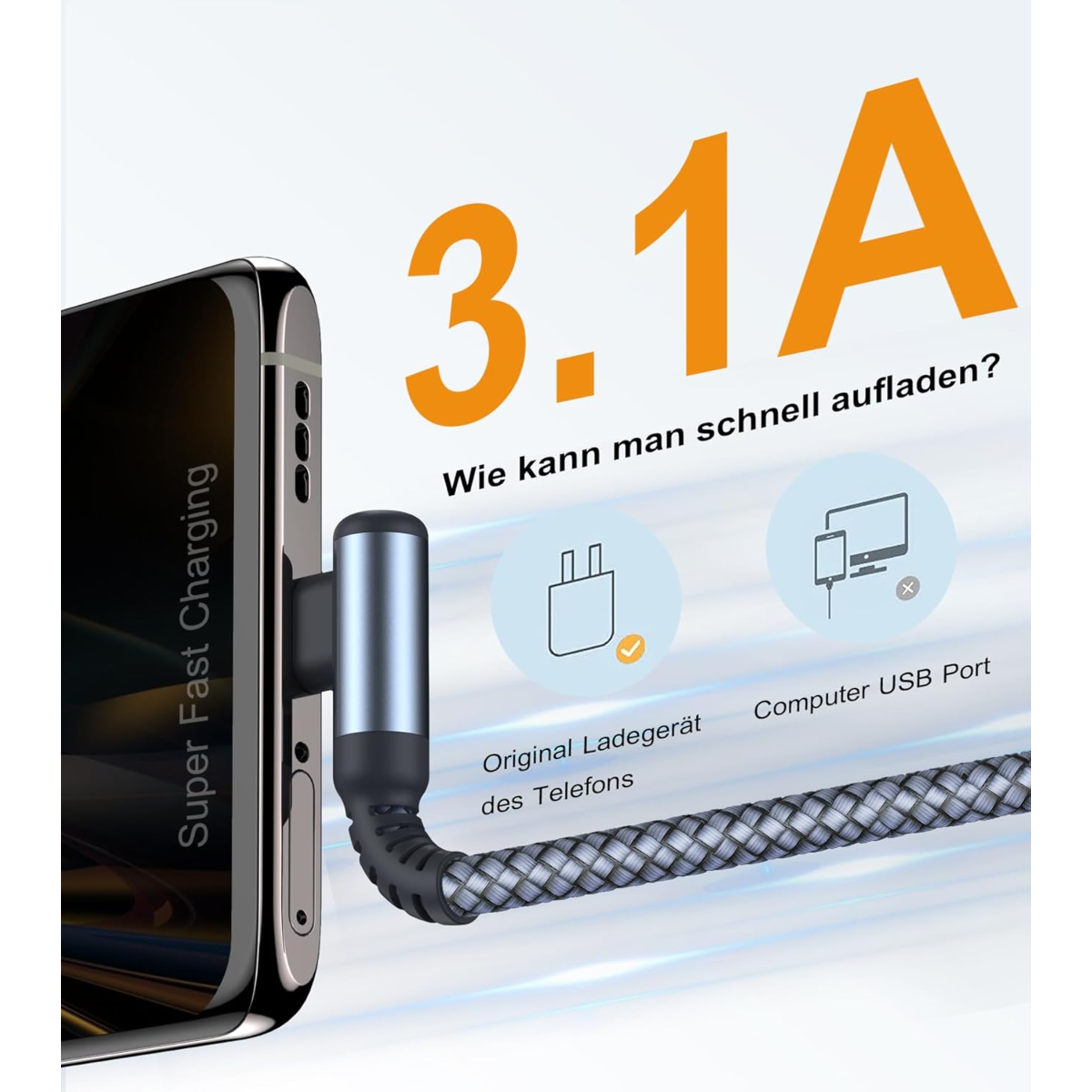 Ein Smartphone wird mit einem Kabel geladen, das 3.1A anzeigt.