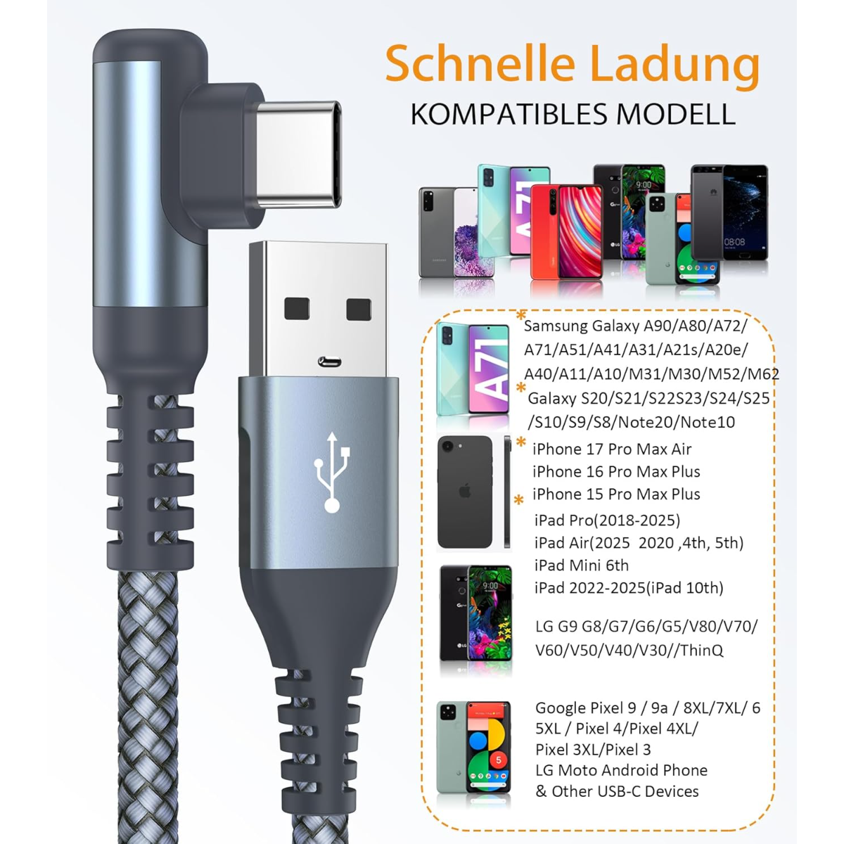 USB-C Ladekabel mit 90-Grad-Winkelstecker und Liste kompatibler Geräte.