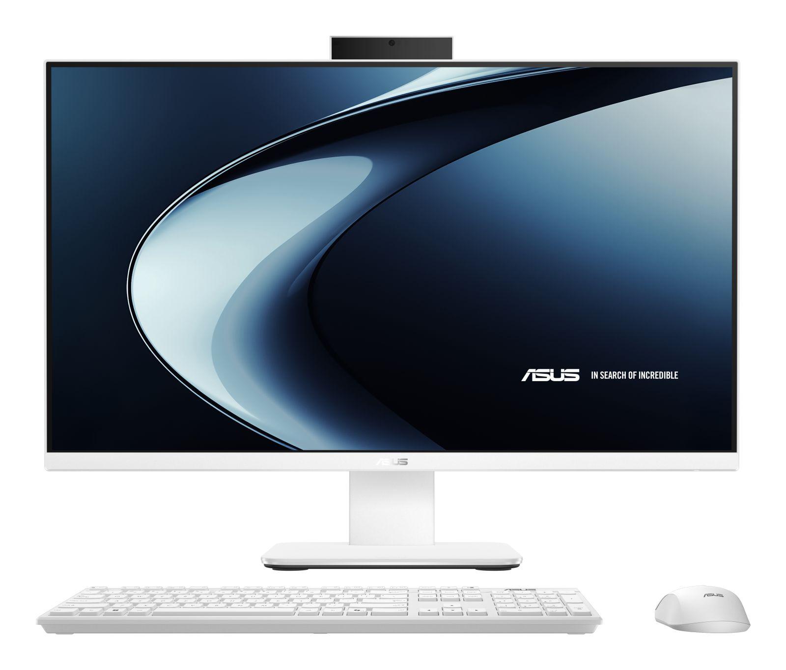Ein weißer Asus All-in-One-PC mit Tastatur und Maus auf weißem Hintergrund.
