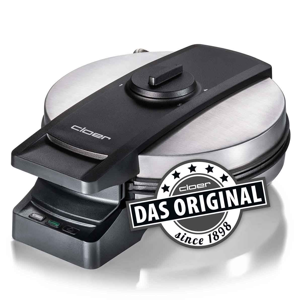 Una piastra per waffle argento e nera con il logo "Cloer L'Originale dal 1898".