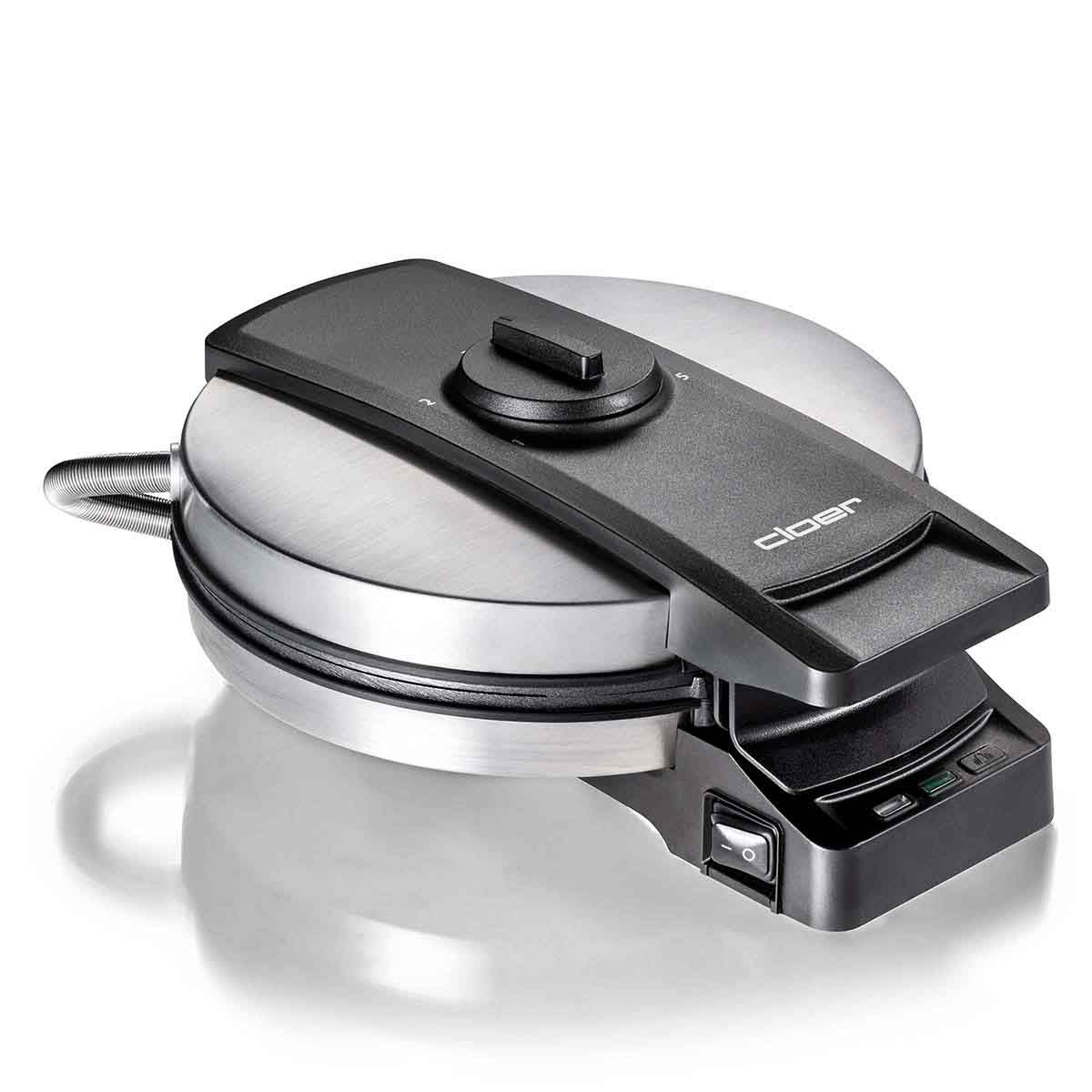 Cialdiera in acciaio inox con coperchio nero e controlli.