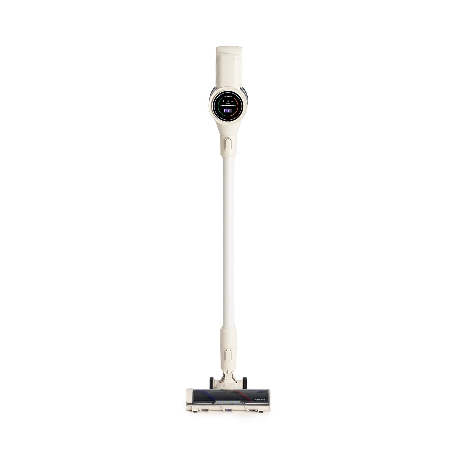Un aspirador inalámbrico blanco con pantalla digital y cabezal de cepillo.