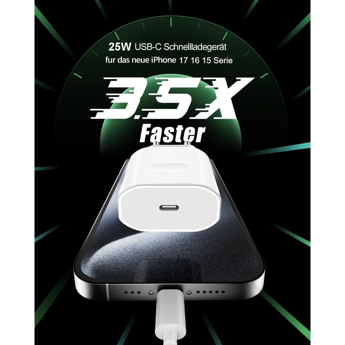 Ein weißes USB-C Ladegerät liegt auf einem Smartphone. 3.5X Faster.