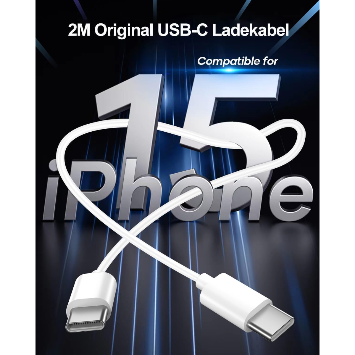 2m USB-C Ladekabel vor iPhone 15 Schriftzug