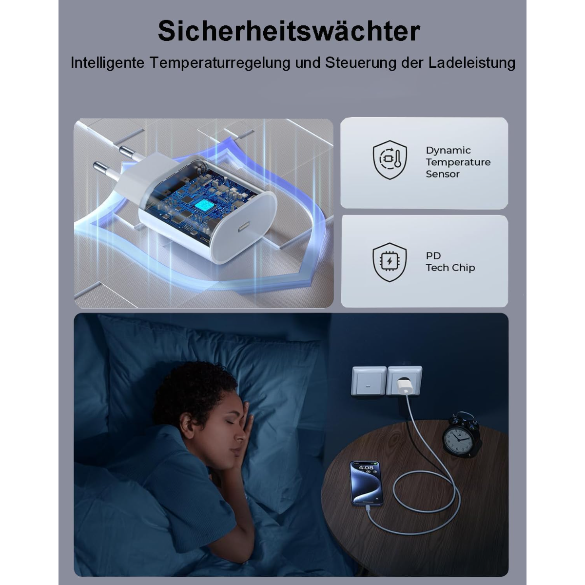 Ladegerät mit Schutzschild, Person schläft, Handy lädt.