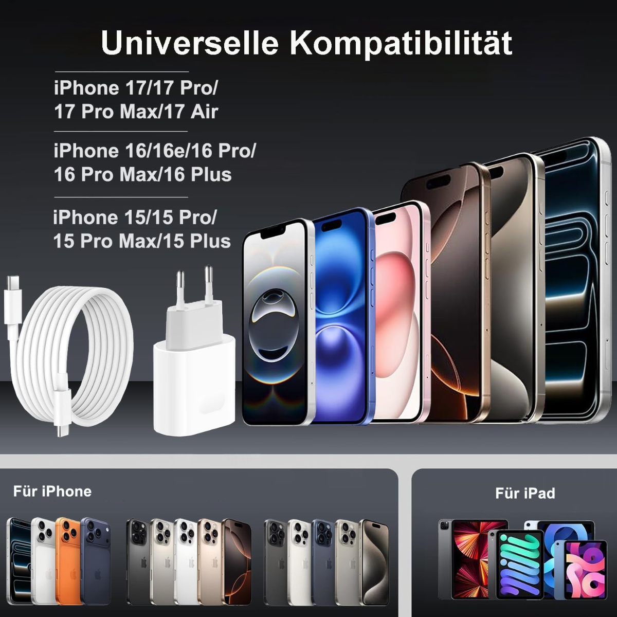 iPhone Ladekabel, Netzteil und diverse iPhone- und iPad-Modelle.