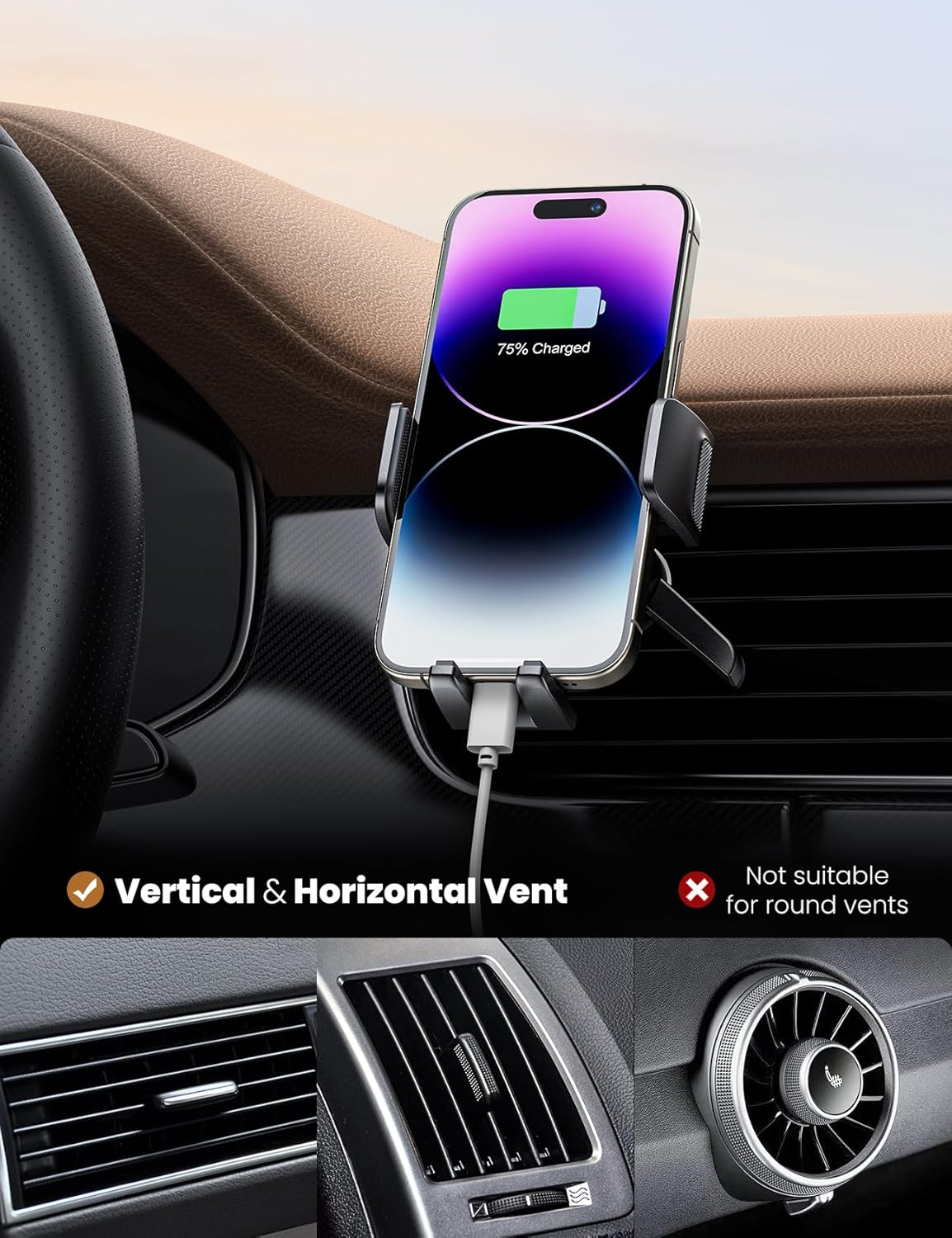 Un soporte para teléfono con un teléfono cargando está en un respiradero del coche.