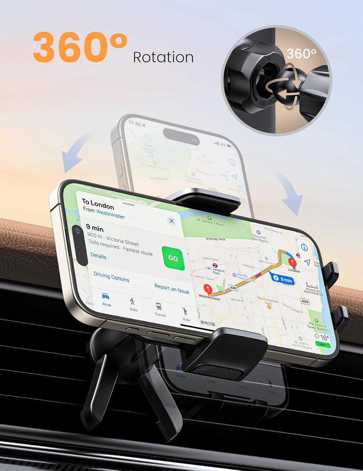 Un soporte para teléfono en el coche muestra una app de navegación con rotación de 360 grados.