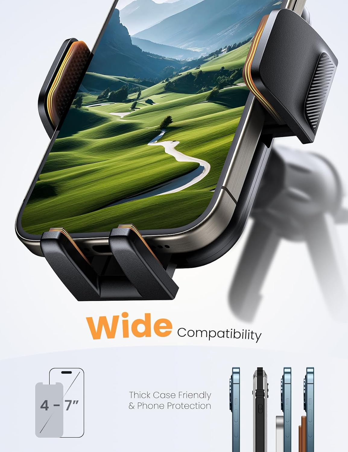 Soporte para teléfono sujeta un teléfono que muestra un campo de golf escénico. Texto: 'Amplia compatibilidad'.