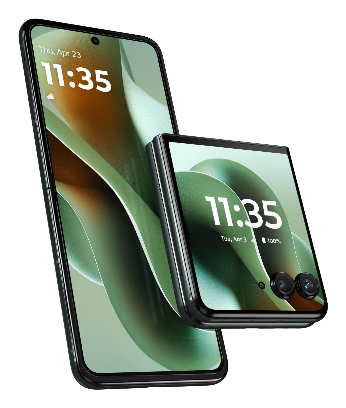 Uno smartphone pieghevole aperto e uno chiuso che mostrano uno sfondo verde.