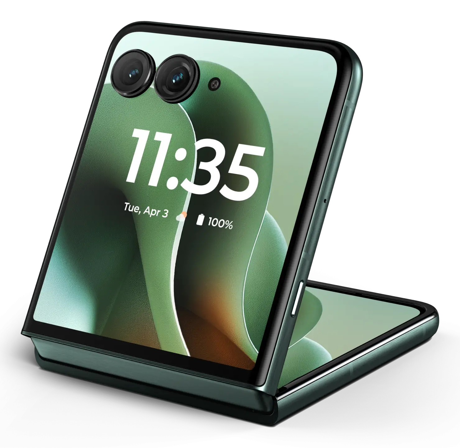 Un telefono pieghevole verde scuro è aperto, mostra l'ora 11:35 e la data mar 3 apr.