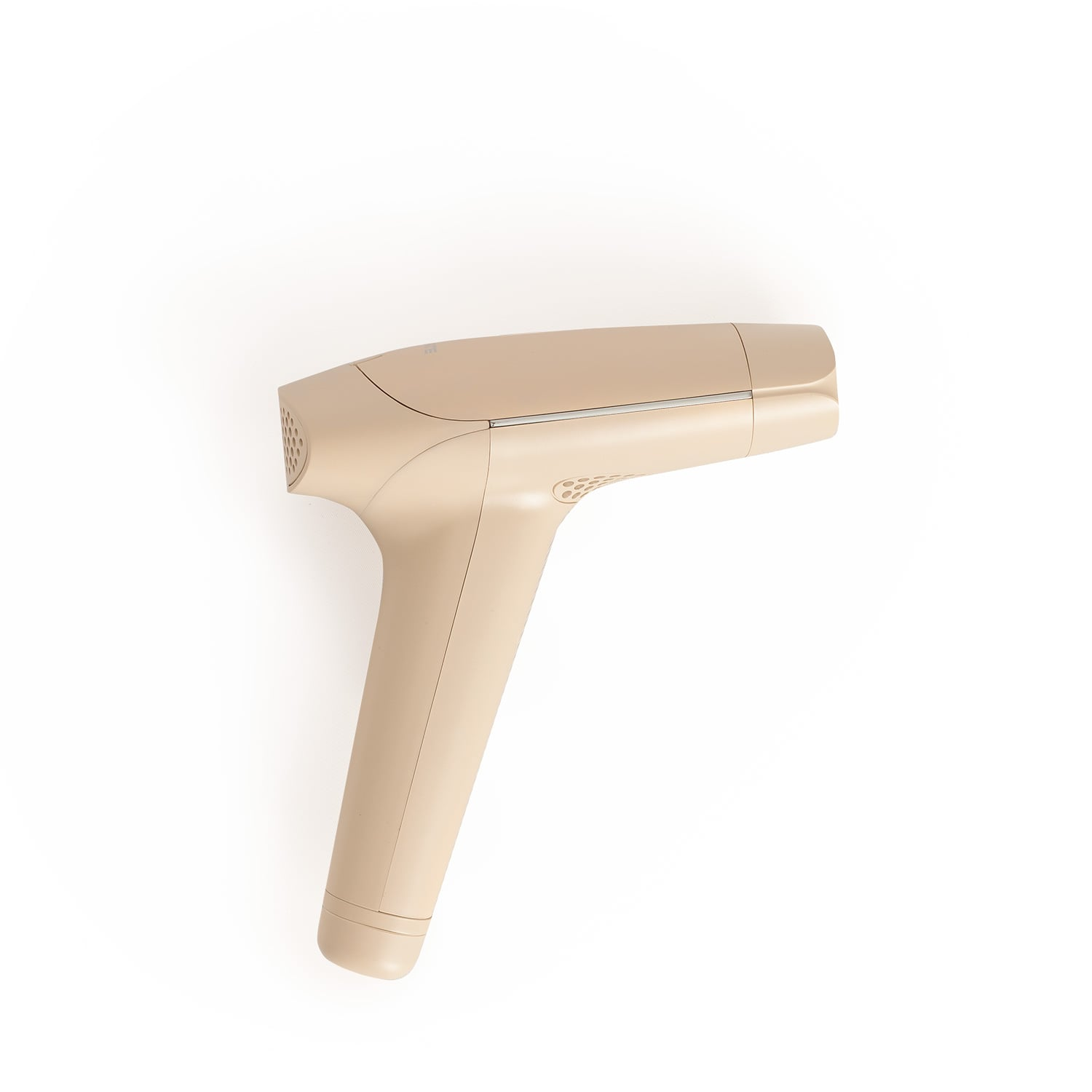 Un secador de pelo beige con mango ergonómico sobre fondo blanco.