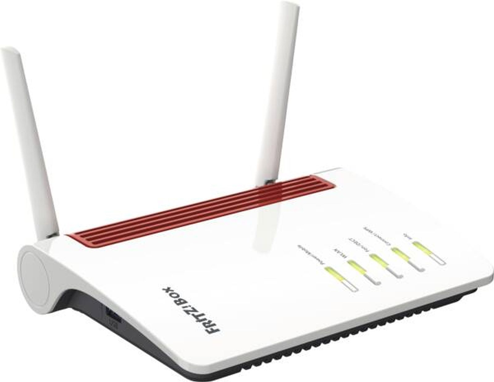 A white Fritz!Box router with two antennas and red ventilation slots.