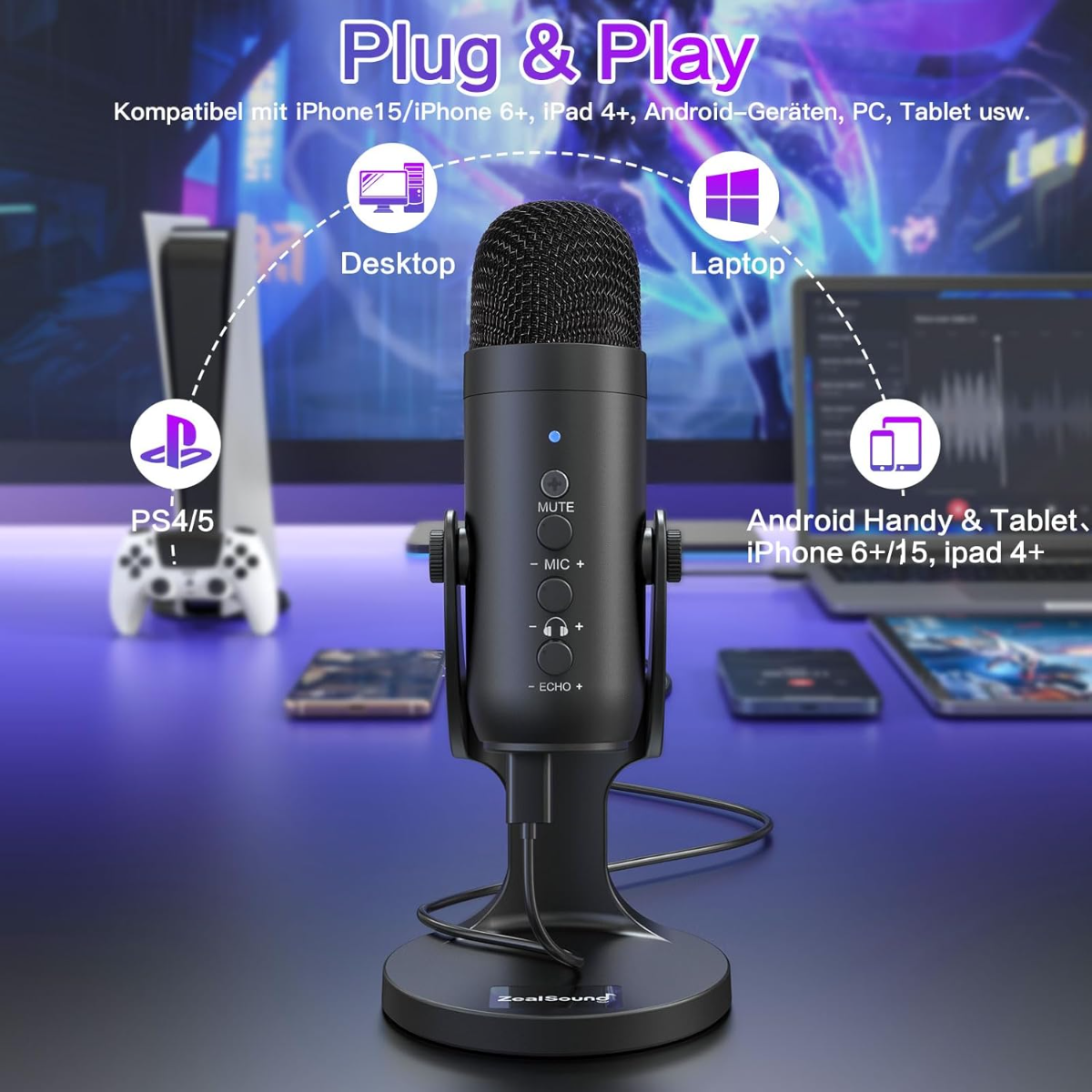 Micrófono negro con soporte, compatible con PS5, portátil, tableta y más.