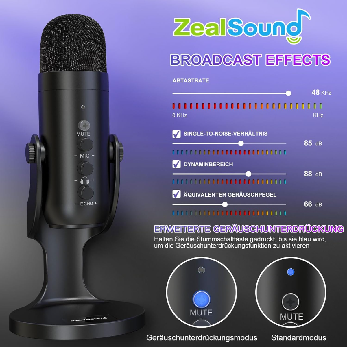 Micrófono negro con controles y gráficos para efectos de transmisión.
